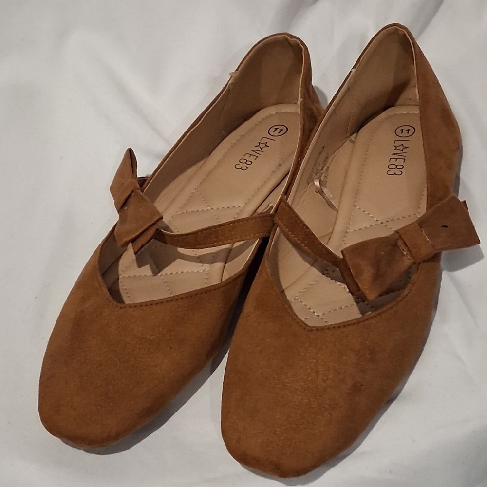 Love83 Womens Mary Jane Flats Cognac Brown Faux Suede Bow Strap Shoes Size 11